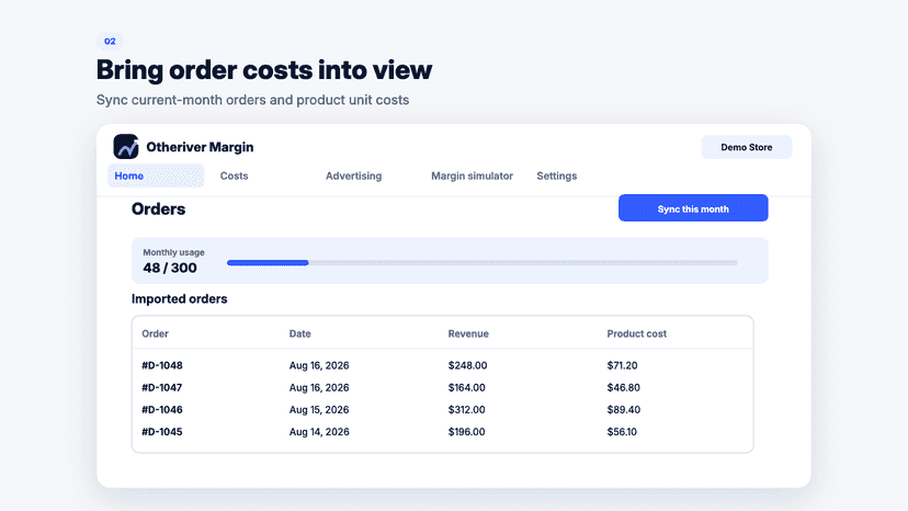 Imported orders with revenue and product cost data