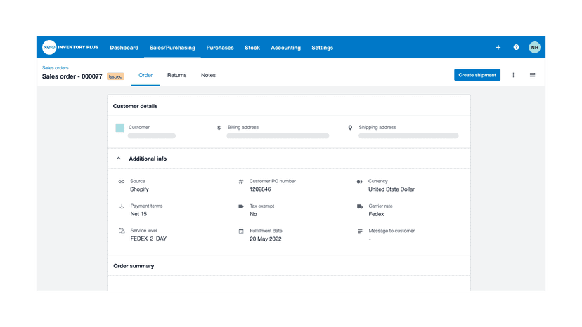 Sales order in Xero Inventory Plus