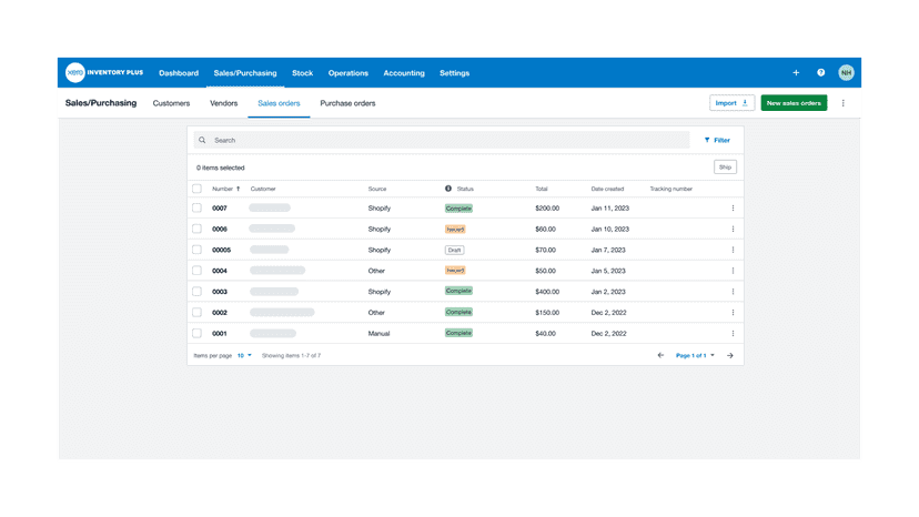 Xero Inventory Plus Sales Order List