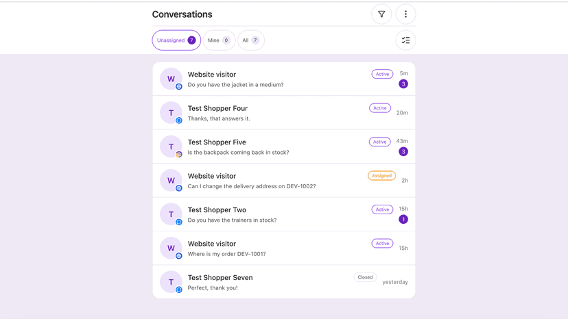 Shared inbox with website and Facebook Messenger conversations