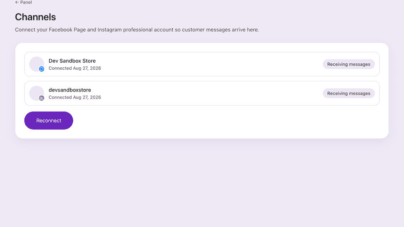 Channel settings showing a connected Facebook Page