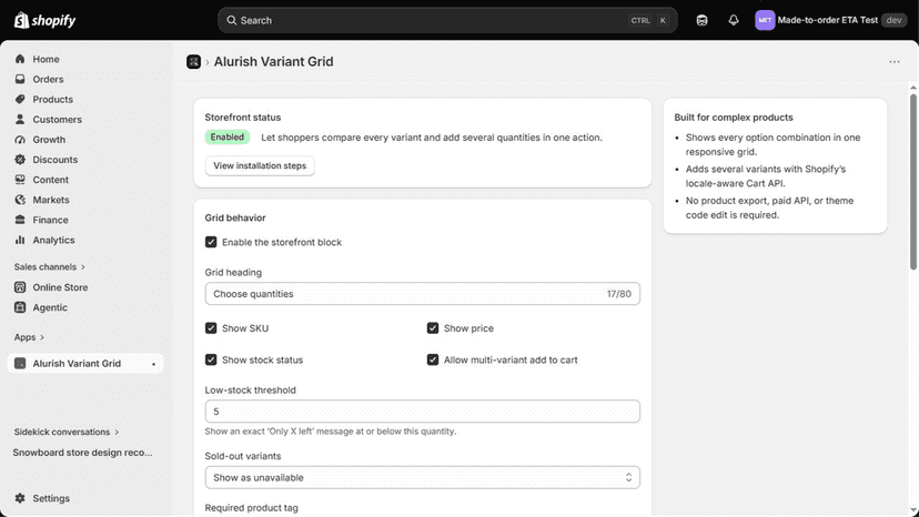 Merchant settings for variant columns, stock, and cart behavior