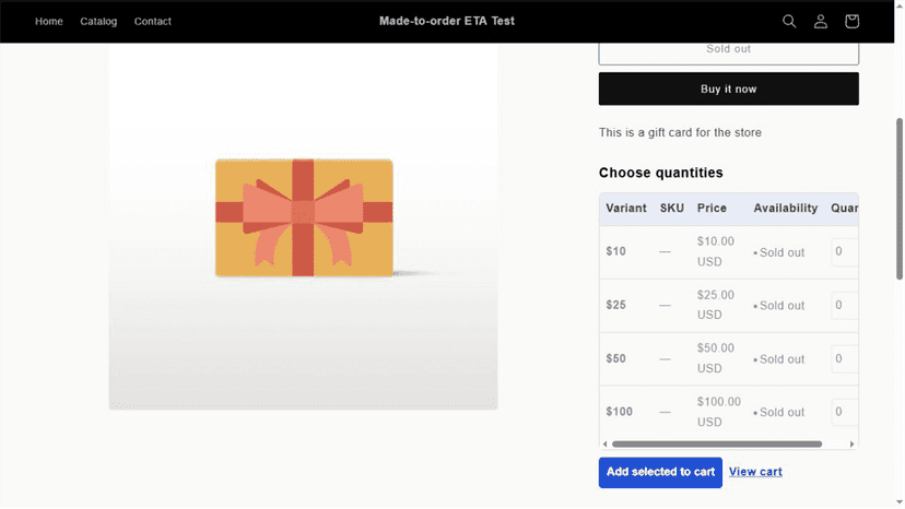 Responsive variant quantity grid on a product page