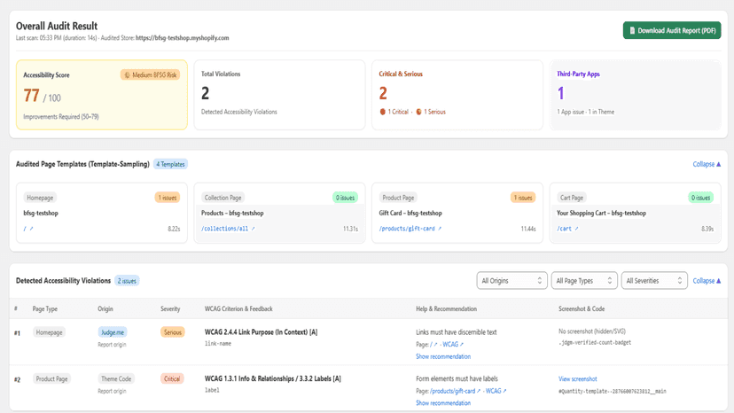 Detected WCAG violations separating theme and third-party apps