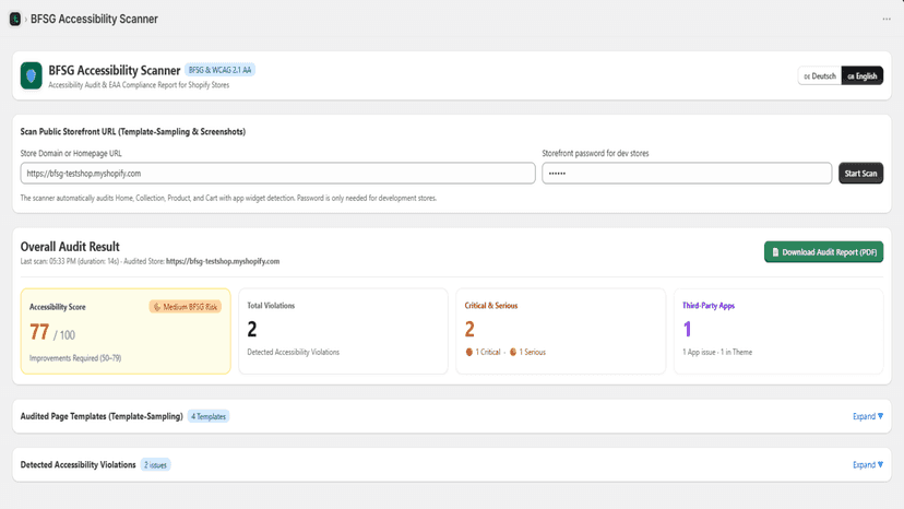 Accessibility score overview with legal BFSG risk rating