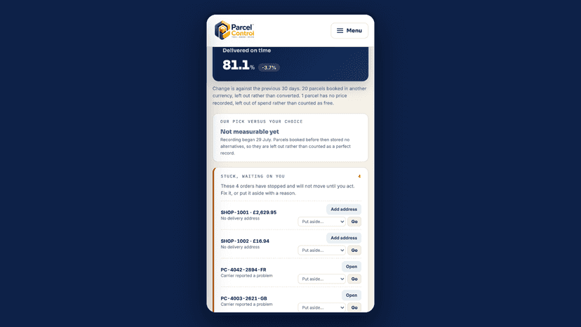 Shipping spend and delivery performance on a phone