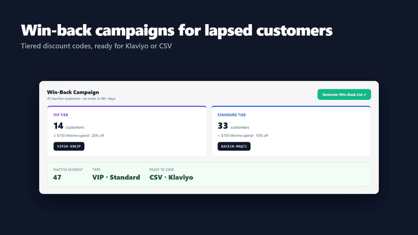 Win-back campaign with VIP and Standard discount tiers