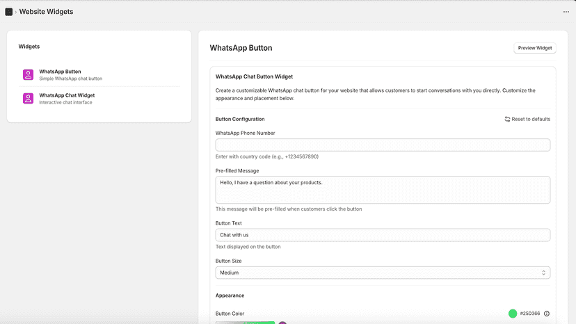 Configurable WhatsApp widgets for store integration