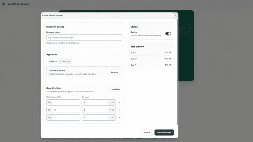 Build quantity tiers for selected products