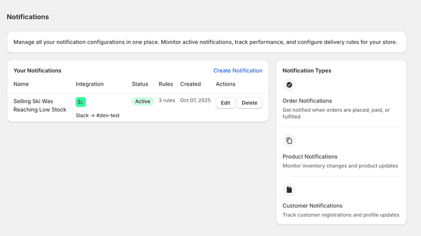 notifications setup list page