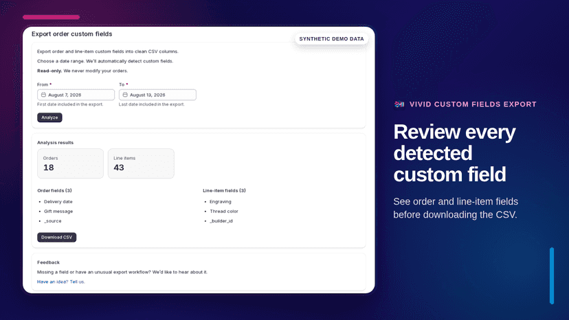 Review detected order and line-item custom fields