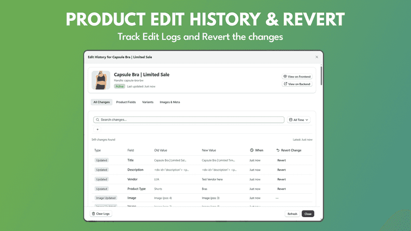 Product Change History & Revert product changes