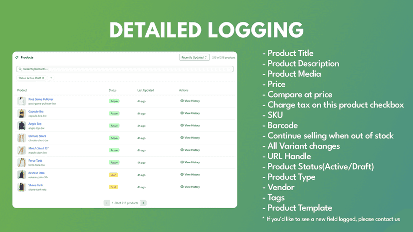 Edit History and revert history, Shopify Product Backup