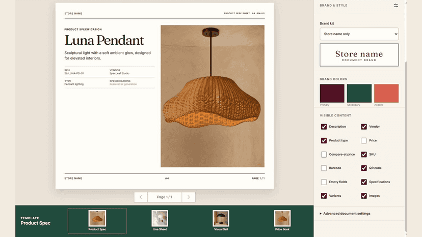 Configure branding and visible product fields in SpecLeaf.