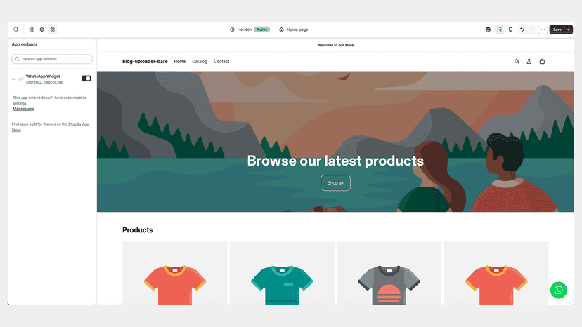 WhatsApp Widget enabled in Shopify theme editor app embeds panel