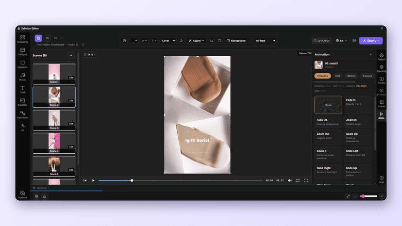 Fine-tune scenes, text, music and animations in the editor