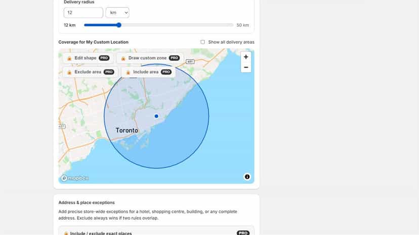 Circular delivery radius shown on the Toronto coverage map