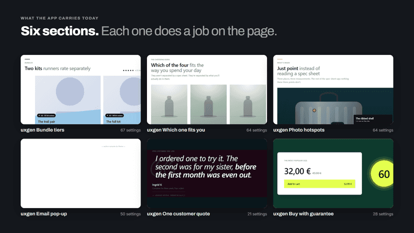 The uxgen section library shown inside a Shopify theme
