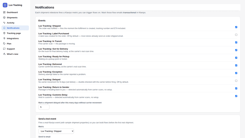 Pick which carrier events email customers and hit Klaviyo
