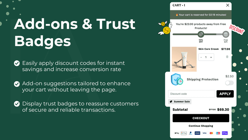 Add-ons, Trust Badge and Discount Code Functions in the cart.