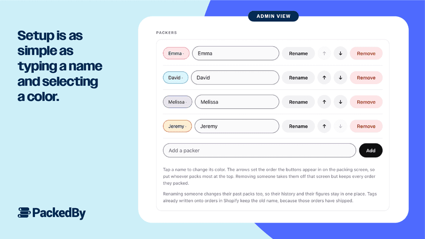 Settings: the packer list, with colours and reordering