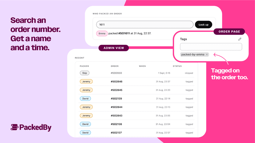 Order lookup showing who packed it, and the order's tag