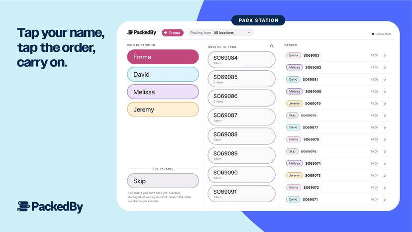 Pack Station: names, orders to pack, and orders packed
