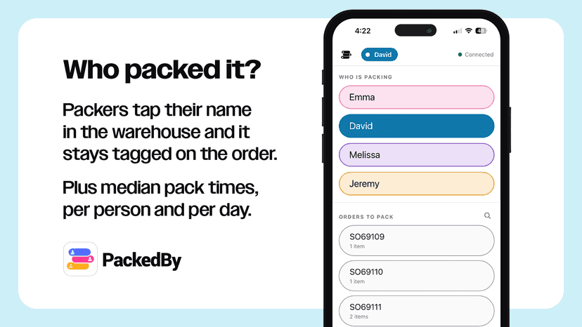 Pack Station on a phone, packers' names ready to tap