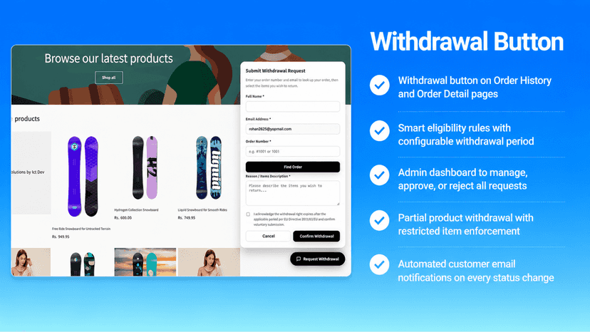 Withdrawal request feature dashboard storefront preview