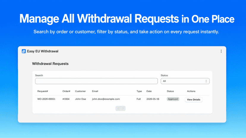Admin dashboard showing withdrawal requests with status filter