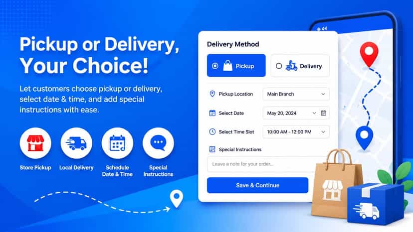 Pickup and delivery options with date and time selection