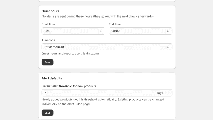 Settings: quiet hours, alert defaults and status ranges