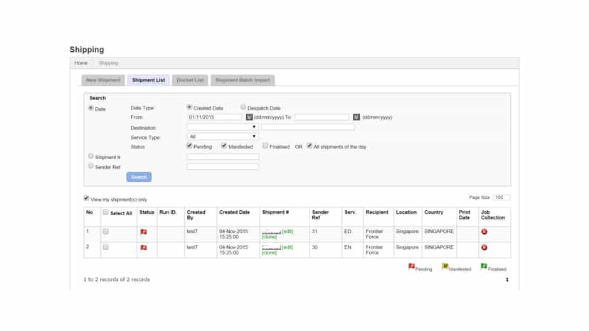 Shipment listing