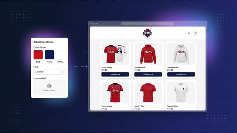 Branded team storefront with custom colors and product grid