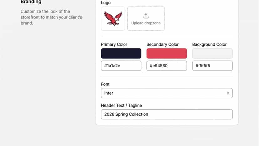 Branding customization with colors, fonts, and logo upload