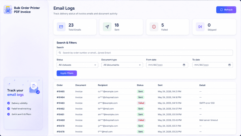 Email logs showing delivery status of invoice emails sent
