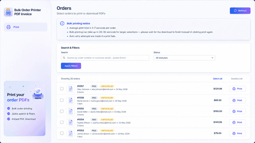 Orders page with search, filters, and bulk PDF printing