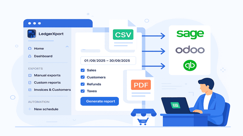 LedgerXport manual export reports to Sage, Odoo, QuickBooks