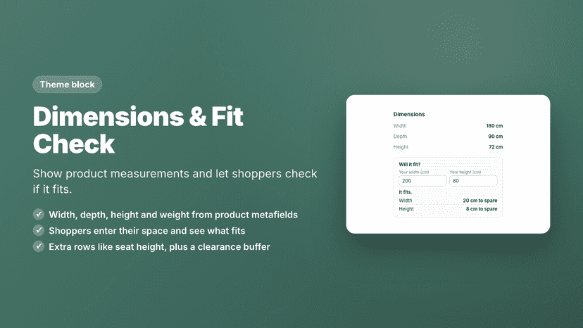 Dimensions table with a fit check on a product page