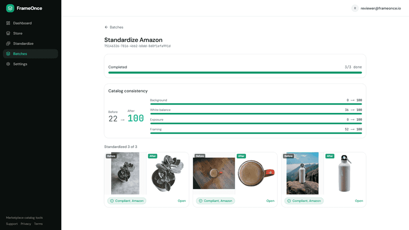 Batch results with before and after images and compliance checks