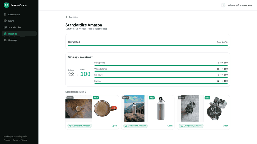 Batch standardized to Amazon rules with consistency score