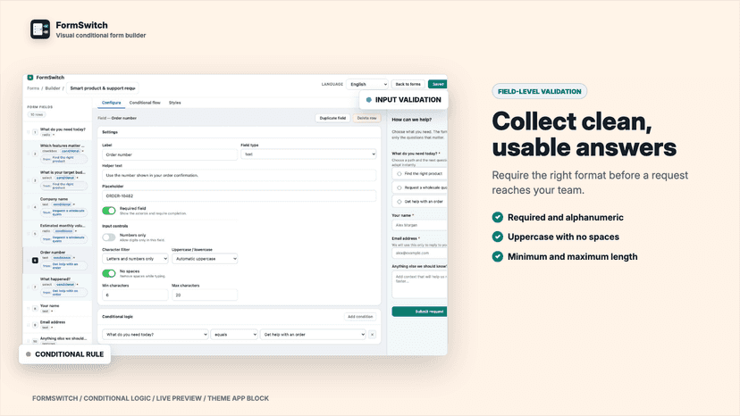 Order field validation and conditional visibility controls