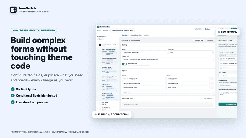 Conditional form builder with ten fields and live preview