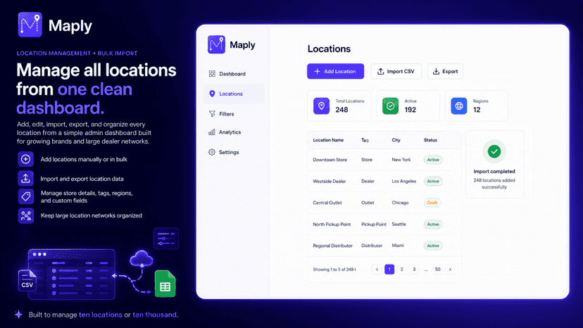 Maply location dashboard with CSV import and tags