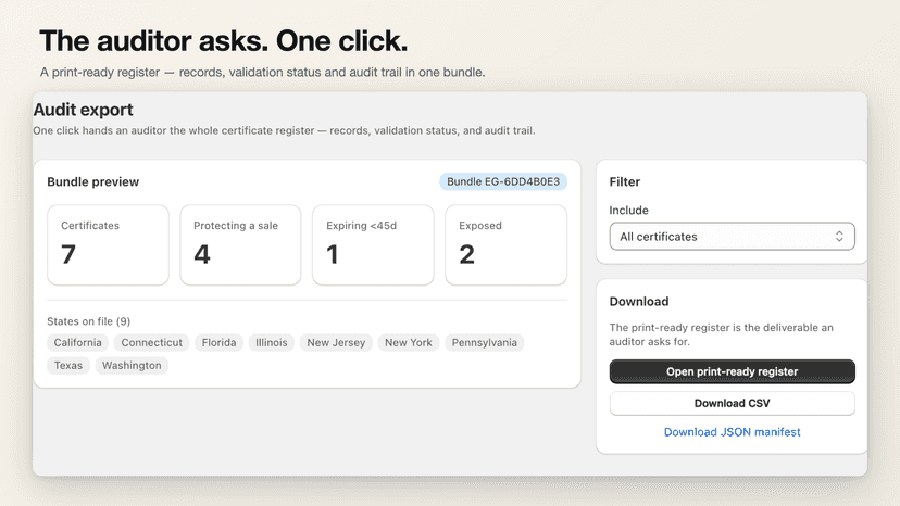 Audit export: print-ready register from live records