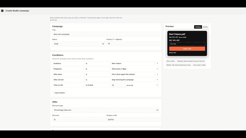 Smart Exit campaign editor with targeting rules and live preview