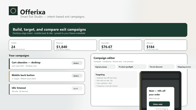 Smart Exit Studio with campaigns, editor, and popup preview