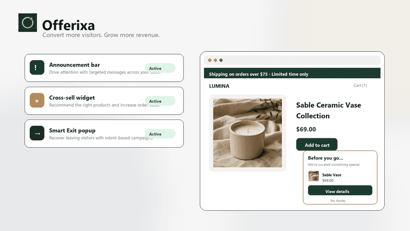 Offerixa overview: active campaigns and storefront popup preview