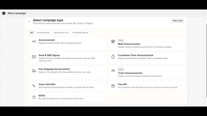 Campaign list with active announcement bar and widget campaigns