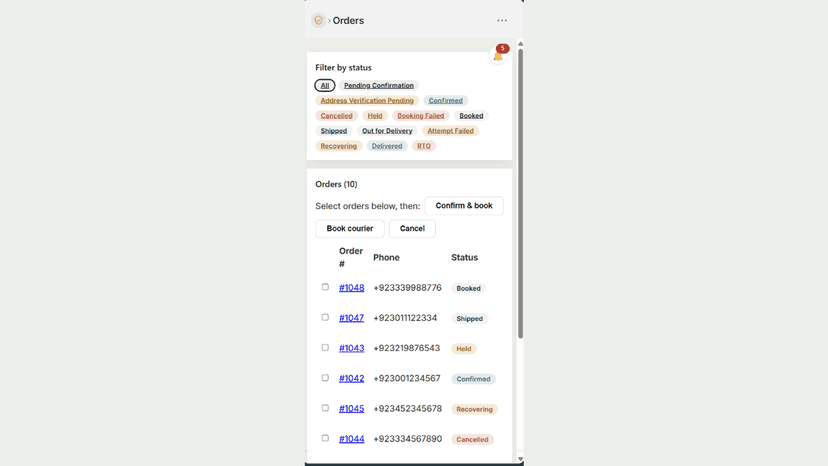 Veriorders dashboard with order status and trust scores